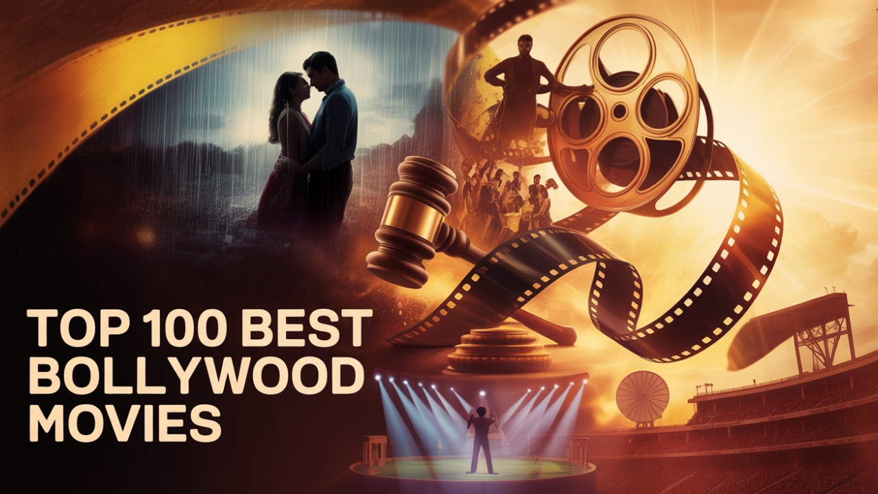 Colorful Bollywood collage with film reel, dance stage, and dramatic movie icons