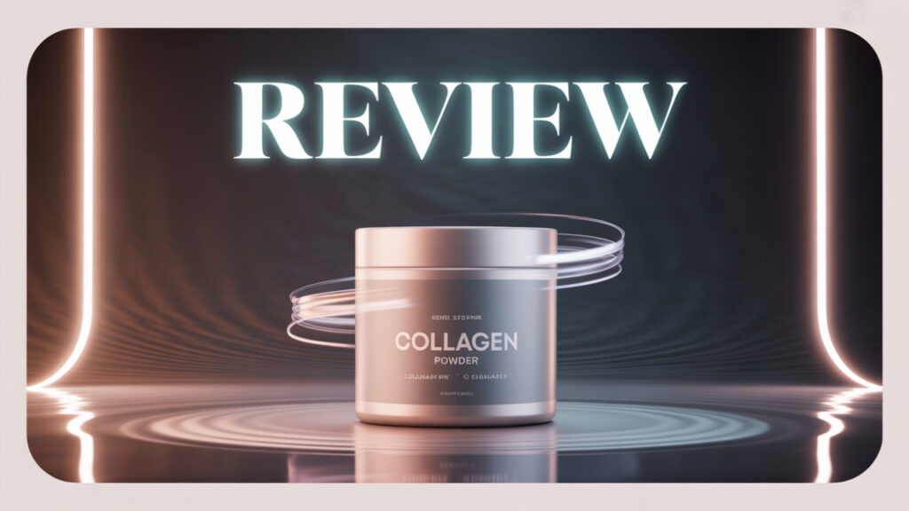 Collagen powder container on glossy reflective surface with clean, minimalist design. Neutral background with ambient lighting highlighting the product.