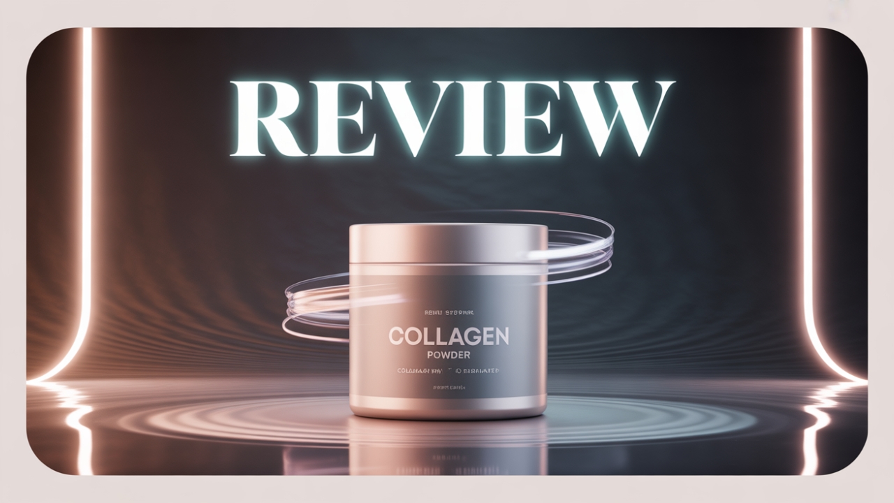 Amandean Marine Collagen Powder container on glossy reflective surface with clean, minimalist design. Neutral background with ambient lighting highlighting the product.