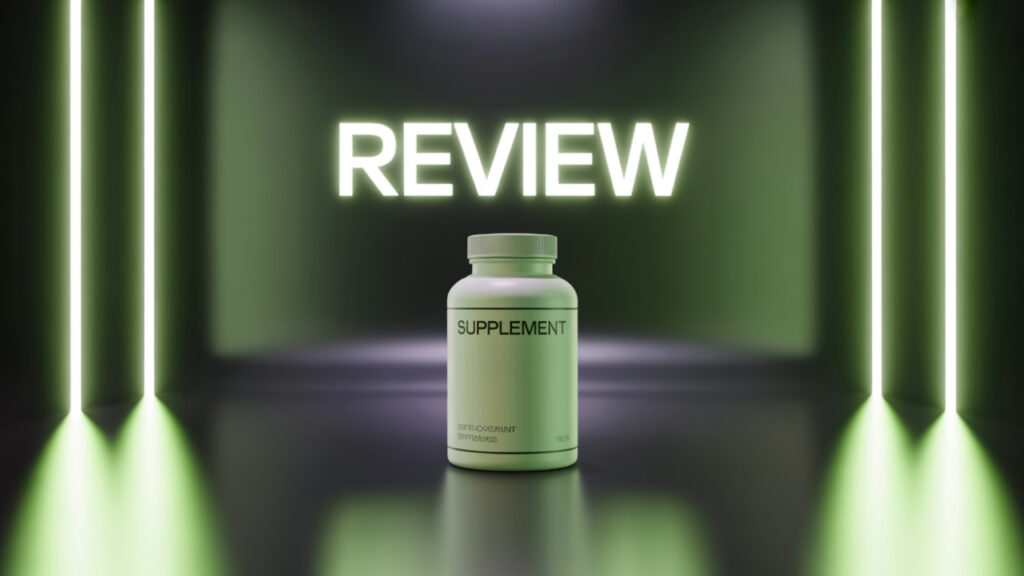 A premium-looking bottle of dietary supplement with the label "SUPPLEMENT" on a glossy reflective surface, with a green-lit background. The product is illuminated to evoke a sense of functionality and health benefits.