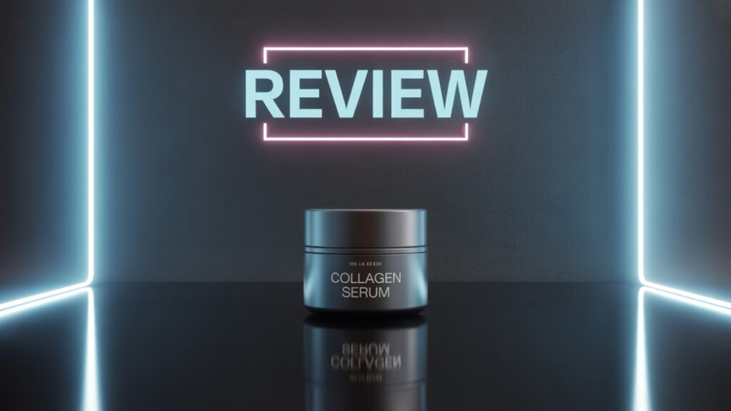 A realistic image of a collagen serum placed on a reflective surface with balanced lighting and a dark background.