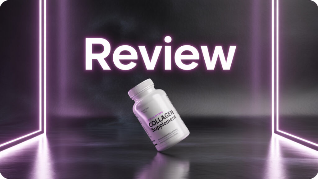 Collagen supplement bottle on a sleek, glossy surface with a clean dark background.
