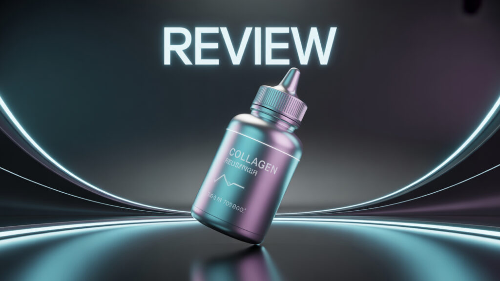 Liquid collagen supplement bottle on a dark reflective surface with soft glowing accents, highlighting its elegant design and natural benefits.