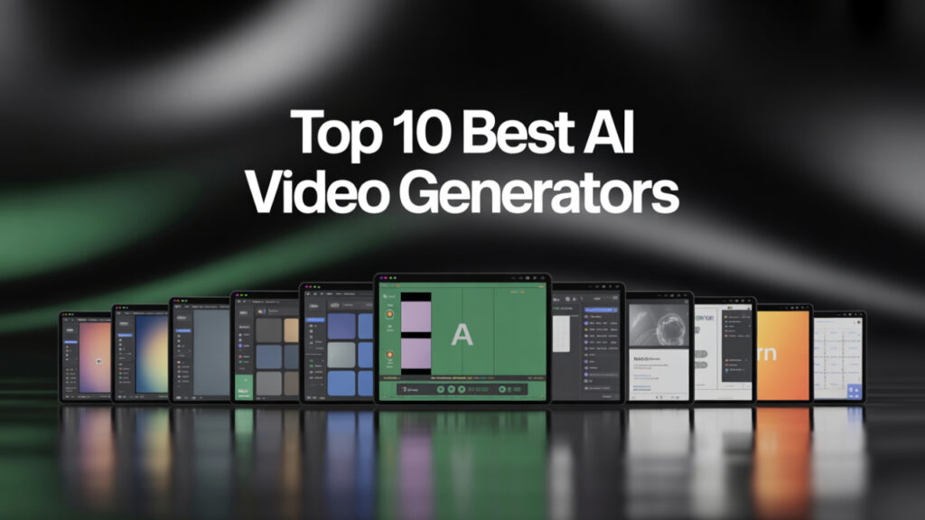 Various AI video generators arranged in arc layout on a sleek background.