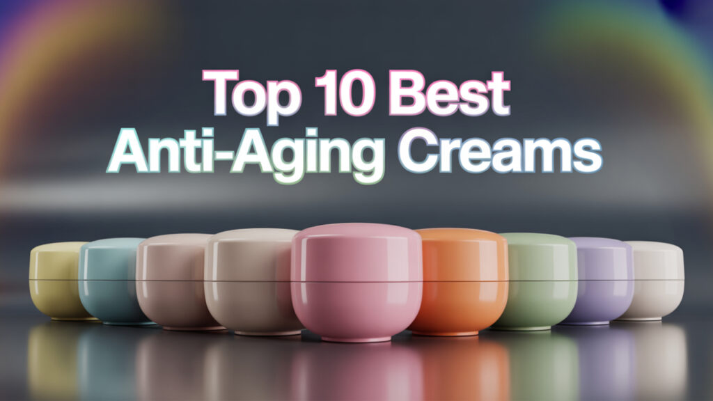 Ten abstract skincare cream containers on a dark reflective surface with modern neon glow