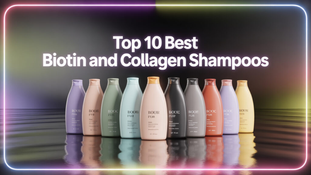 Ten abstract shampoo bottles in premium pastel colors arranged on a dark glossy surface with neon glow lighting.