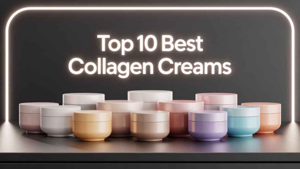 Elegant abstract collagen cream containers arranged in a premium dark-lit setting