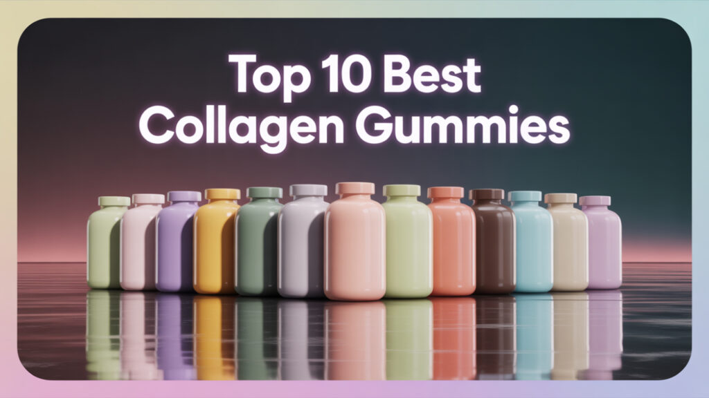 Assorted abstract collagen gummy bottles in pastel tones on dark background
