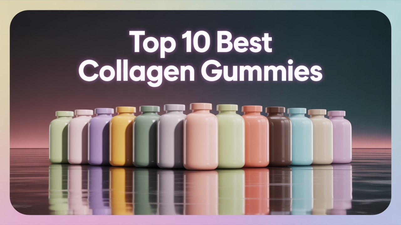 Top 10 Best Collagen Gummies (Ranked & Reviewed) Assorted collagen gummy containers in pastel tones on dark background