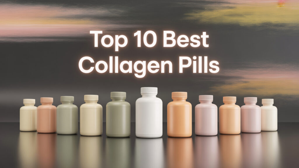 Modern collagen pill bottles with soft lighting and glossy reflections