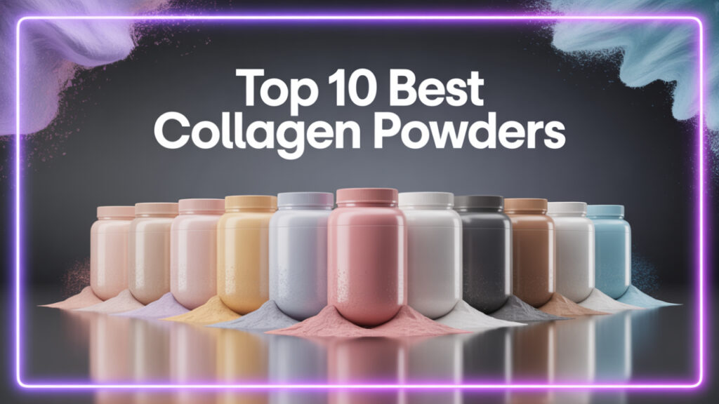 10 abstract collagen powder tubs in a modern product lineup on a dark glossy surface