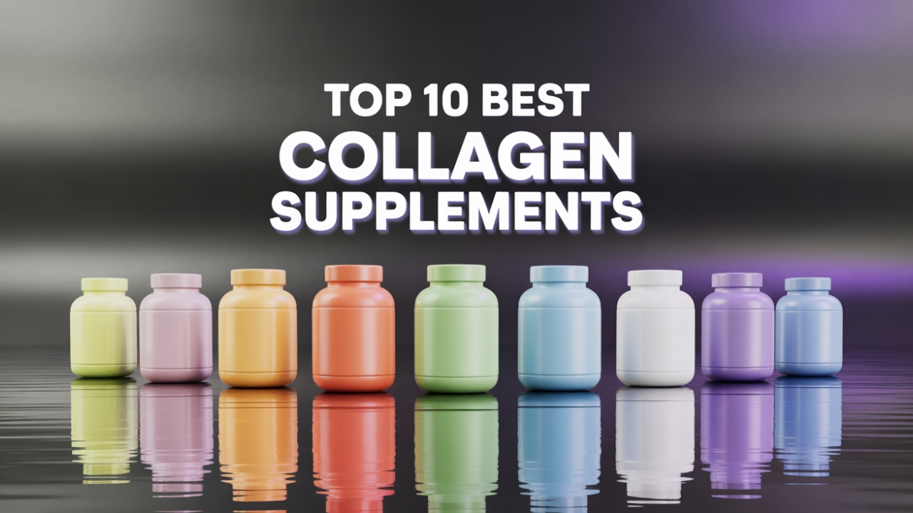 Assorted collagen supplement containers with premium lighting
