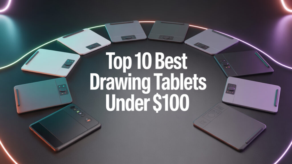 Ten budget drawing tablets arranged on a reflective black surface