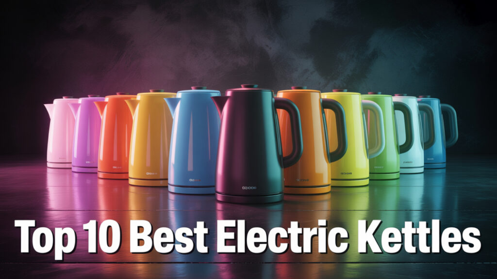 Illustration of ten electric kettles in a modern neon style