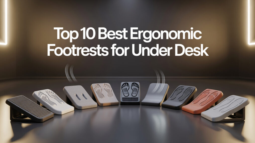 10 ergonomic footrests arranged under desk with soft lighting