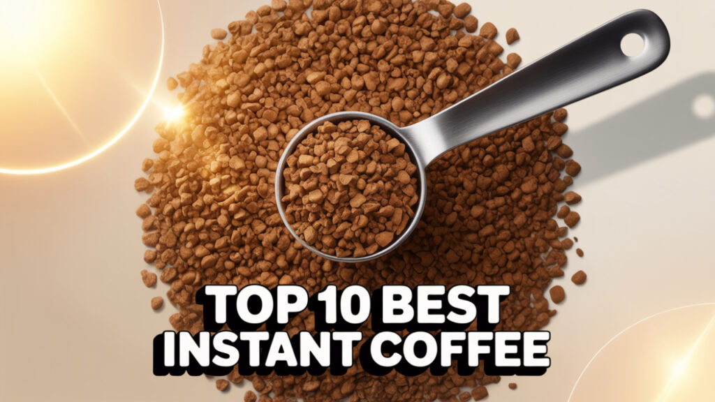 Abstract steaming coffee cup and beans with text “Top 10 Best Instant Coffee”