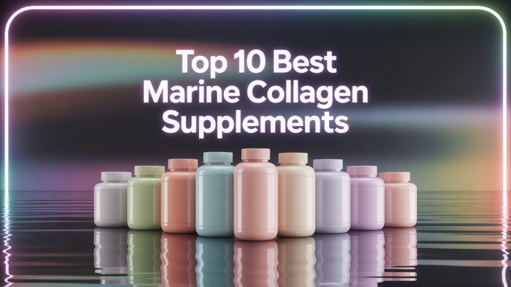 10 abstract marine collagen supplement containers on a glossy surface in a premium lineup
