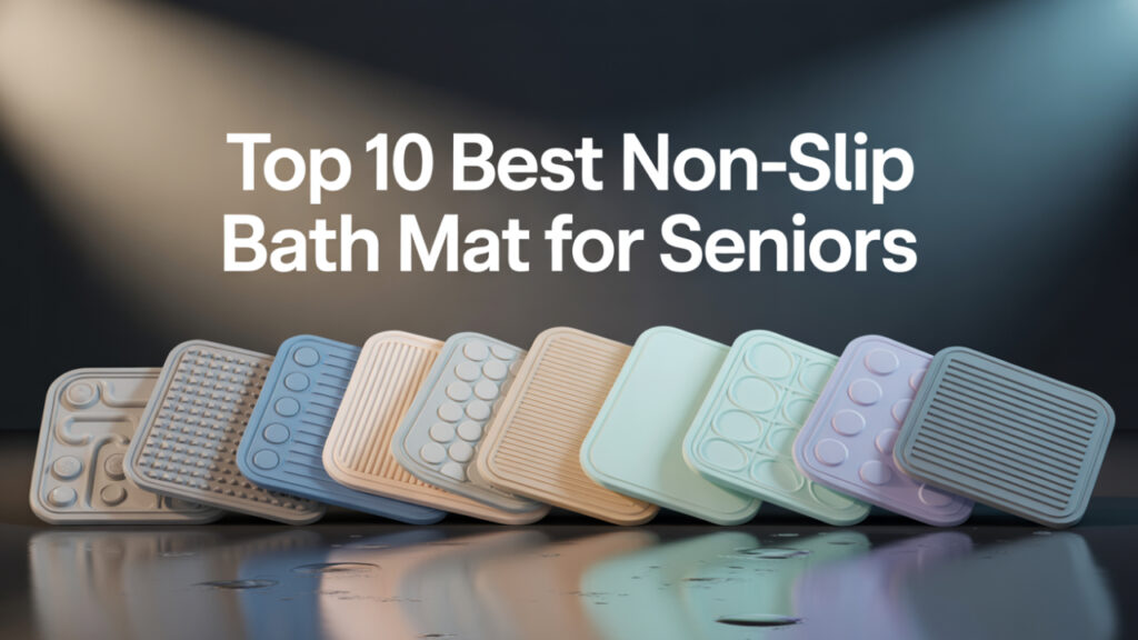 Realistic non-slip bath mats for seniors on dark background with soft lighting