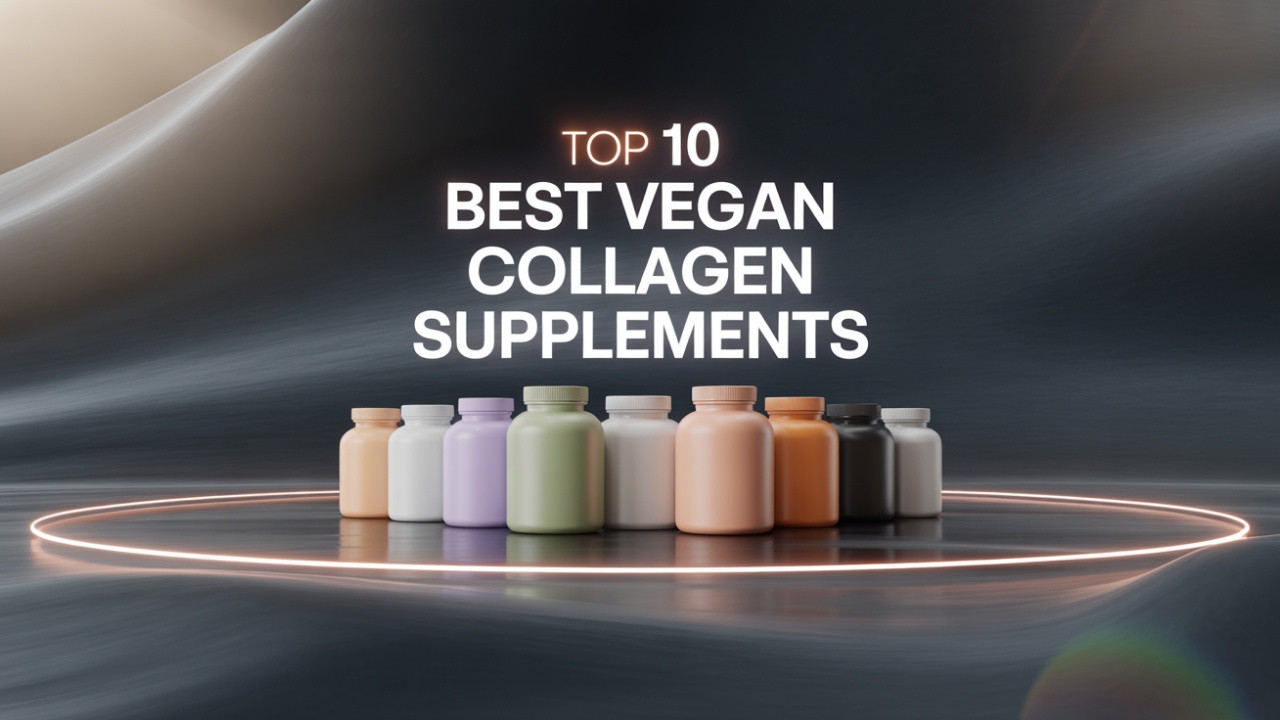 Top 10 Best Vegan Collagen Supplements (Ranked & Reviewed) Ten elegant vegan supplement bottles arranged in a glossy modern arc with soft lighting.