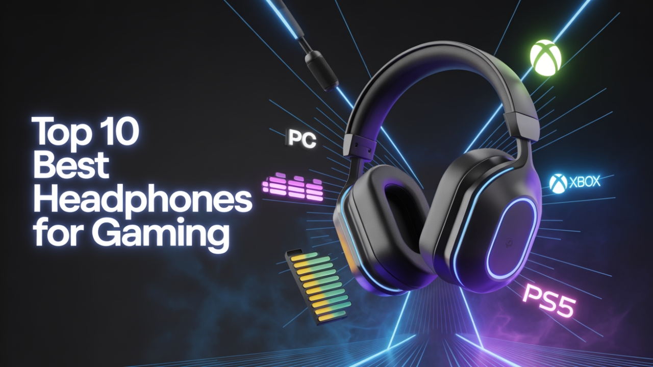 Top 10 Best Gaming Headphones Guide Illustration of gaming headphones with neon colors