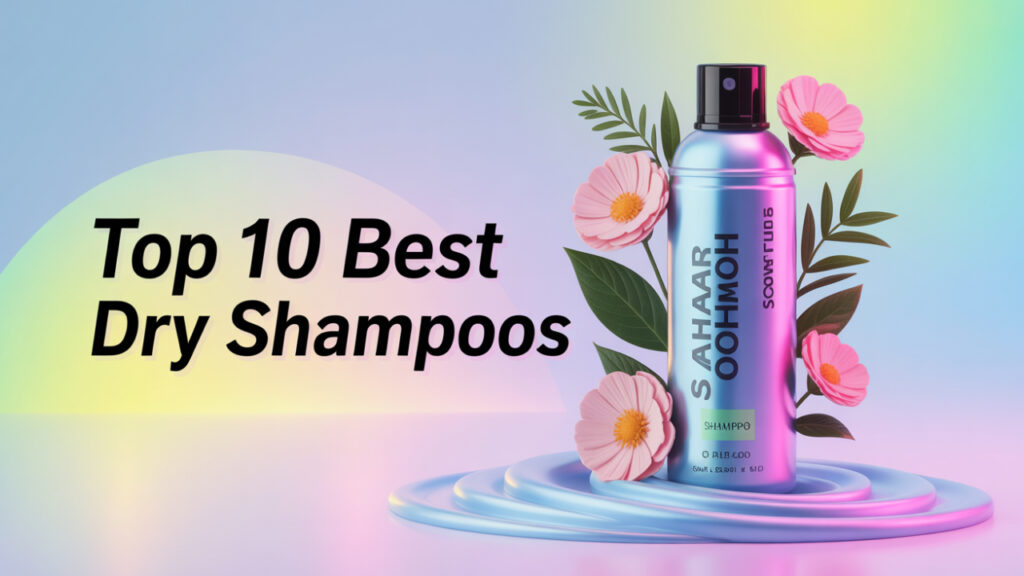 Illustration of a dry shampoo spray can and hairbrush with glowing gradient lighting
