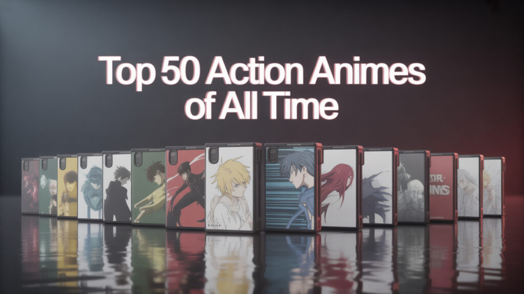 10 stylized anime Blu-ray cases in symmetrical arc layout