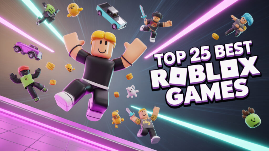 Colorful digital scene of top Roblox games featuring avatars and icons