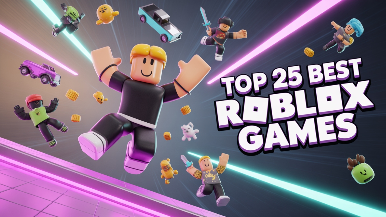 Colorful digital scene of top Roblox games featuring avatars and icons