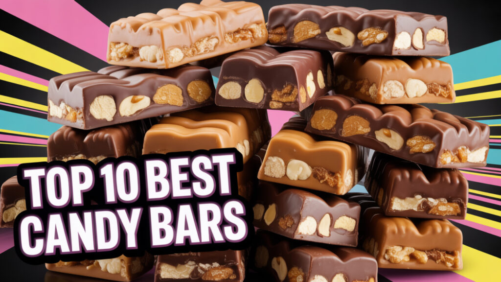 Assorted chocolate candy bars in colorful neon-themed layout