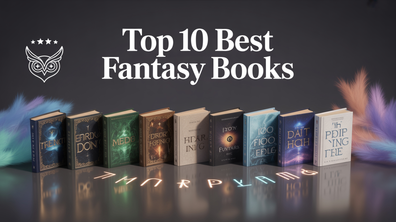 Top 10 Best Fantasy Books – Visual Showcase of Premium Titles Ten realistic hardcover and paperback fantasy books arranged in an arc on a reflective surface, styled with magical fantasy elements like glowing runes and ethereal lighting.