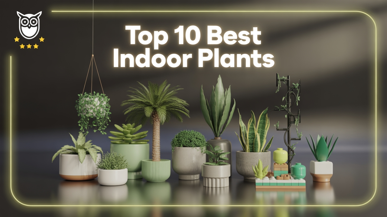 Top 10 Best Indoor Plants for Home or Office Realistic display of 10 top-rated indoor plants including faux potted greenery, succulents, hanging vines, and stylized botanical sets arranged on a reflective black surface.