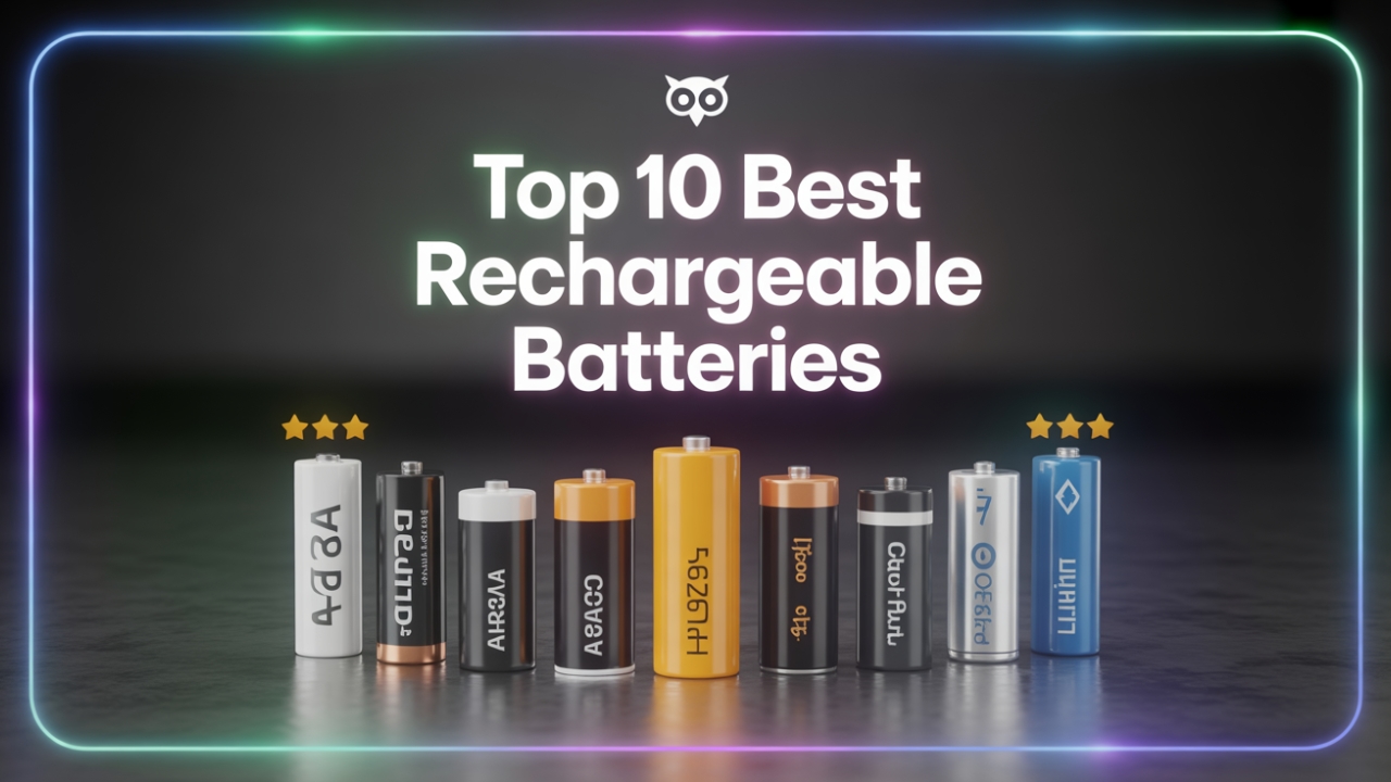 Top 10 Best Rechargeable Batteries (Ranked & Reviewed) A collection of 10 different rechargeable batteries, including AA, AAA, and CR123A types, with a sleek dark background and glowing accents to highlight their features