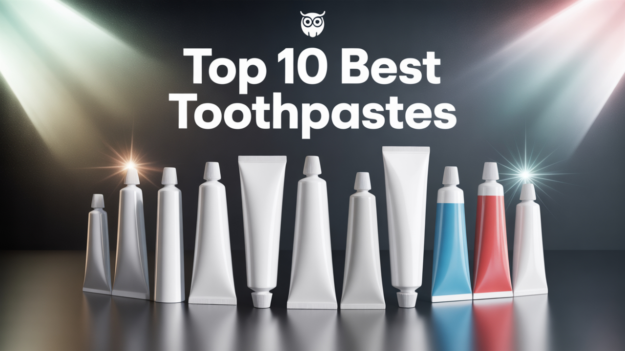 A clean editorial display of 10 realistic toothpaste tubes arranged in a curved row on a dark reflective surface, with glowing accents and no branding.