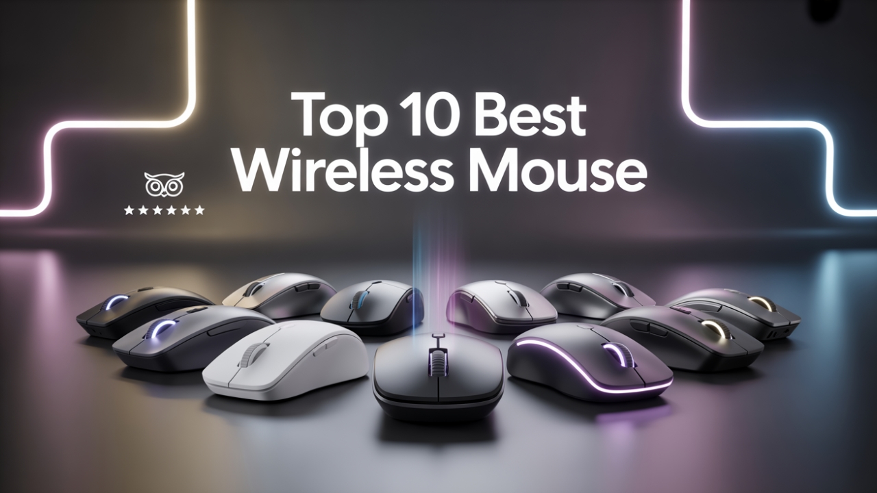 Top 10 Best Wireless Mouse Editorial image of 10 wireless computer mice displayed in an arc formation on a glossy black surface